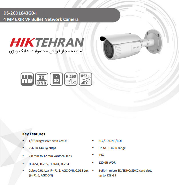 دوربین مداربسته بولت هایک ویژن مدل DS-2CD1643G0-I