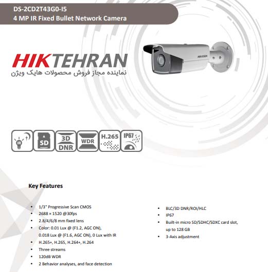 دوربین مداربسته بولت هایک ویژن مدل DS-2CD2T43G0-I5